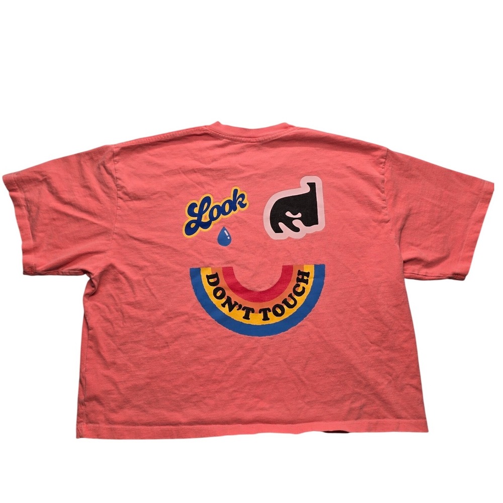 Obey Worldwide Graphic Boxy Cropped T-Shirt Pink Rainbow Look Dont Touch Large - Picture 2 of 9